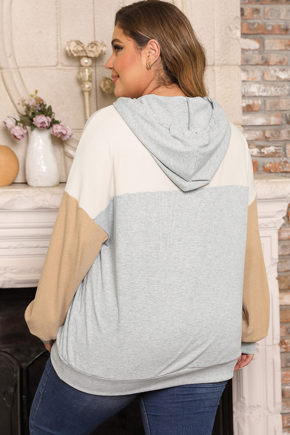 Love Size Color Block Drawstring Long Sleeve Hoodie